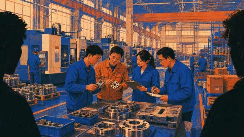 Chinese factory engineers inspecting precision machined components on a production floor.